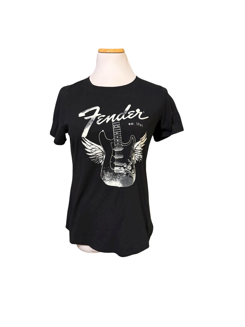 Fender Black Tee with White Guitar and Wing Graphic
